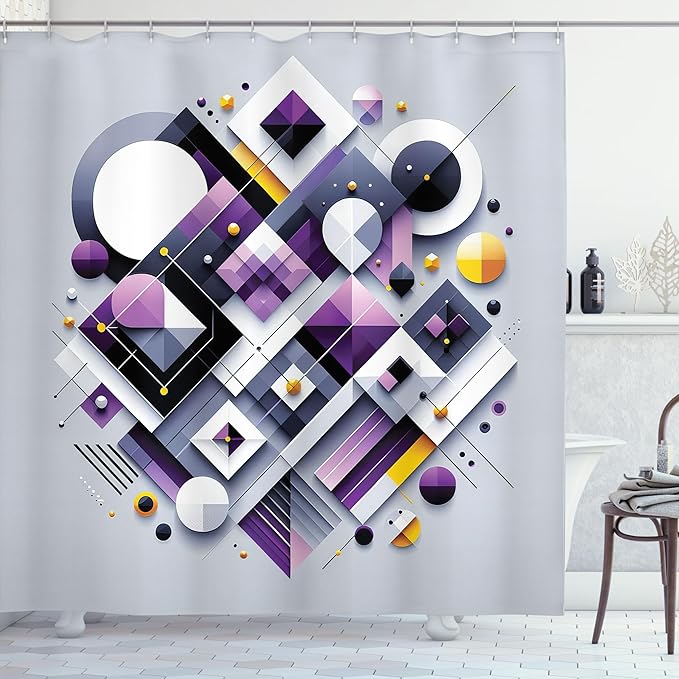 Ambesonne Geometric Shower Curtain, Abstract and Contemporary Style Shapes Circles Squares Stripes Illustration, Cloth Fabric Bathroom Decor Set with Hooks, 69" W x 75" L, Purple Orange