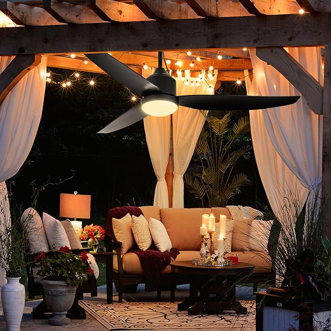 Depuley Outdoor Ceiling Fan with Light: 52 Inch Gazebo Fan Outdoor Hanging - Plug in Waterproof Fans with Lights for Patio - Dimmable Remote App Control Black