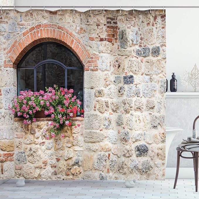 Ambesonne Tuscan Shower Curtain, Gothic Architecture Abandoned Old Stone House Vintage Stairs in Tuscany, Cloth Fabric Bathroom Decor Set with Hooks, 69" W x 75" L, Salmon Ivory