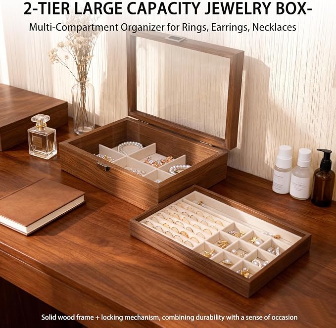 2-Layer Glass Lid Walnut Jewelry Box for Women, Vintage Style Solid Wood Jewelry Organizer and Display Case, Ideal Gift for Rings, Earrings, Necklaces & Bracelets
