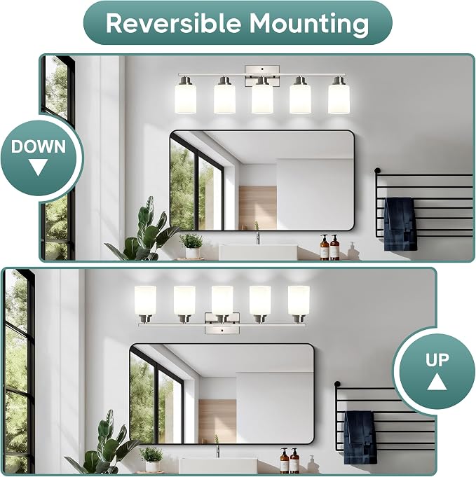 Ascher Bathroom Light Fixtures, 5-Light Vanity Light Over Mirror, Brushed Nickel Wall Sconces with Milky White Frosted Glass Shades, Wall Lamp for Living Room Bedroom, E26 Base(Bulbs Not Included)