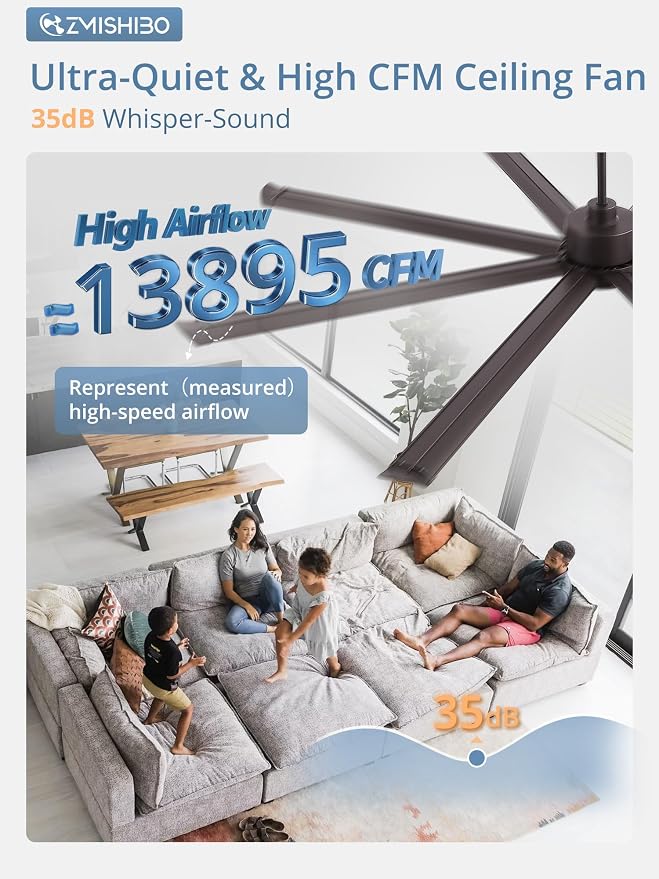 ZMISHIBO 96 Inch Ceiling Fans with Lights, Large Indoor/Outdoor Industrial Ceiling Fan with 8 Aluminum Reversible Blades, Quiet DC Motor, 3CCT& 6-Speed Remote Control, Damp Rated for Porch/Garage/Shop