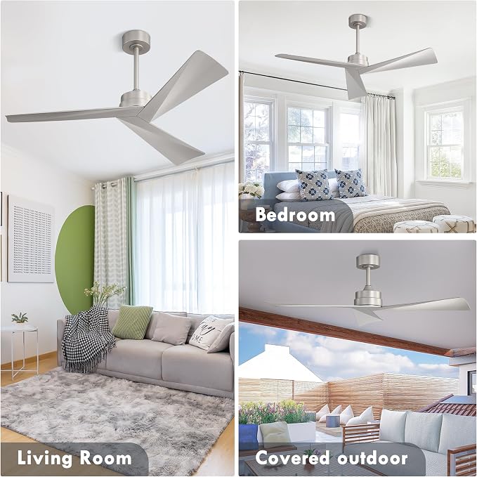 WINGBO 52" DC Ceiling Fan without Lights, Bruhsed Nickel Ceiling Fan with Remote, 3 ABS Plastic Blades, 6 Speed Reversible DC Motor, Ceiling Fans No Light for Kitchen Bedroom Living Room