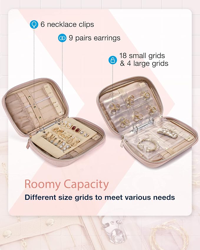 BAGSMART Jewelry Travel Organizer Case Ring Binder Storage Rolls, Pink | Travel Case for Home Clear Ring Binder Jewelry Bags Jewelry Rolls Zipper Pouch Necklaces, Earrings, Rings, Bracelets