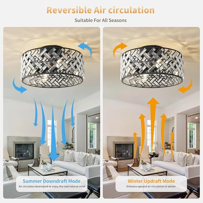 Black Small Bedroom Ceiling Fans with Lights and Remote 4-Light Crystal Black Farmhouse Flush Mount Fandeliers for Bedroom Quiet Fan Light Fixture, 18" Modern Chandelier with Fan 8 Blades