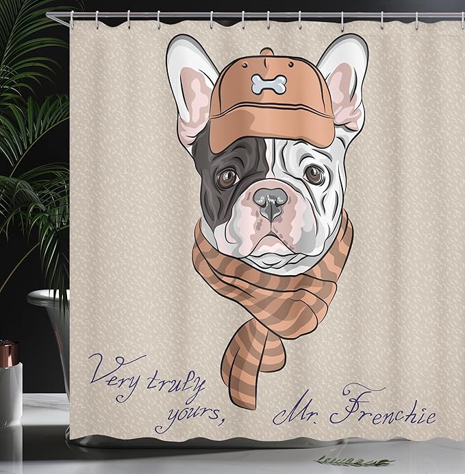 Ambesonne Vintage Shower Curtain, Funny Hipster French Bulldog with Cap and Lines Scarf Punk Animal Humor Art, Cloth Fabric Bathroom Decor Set with Hooks, 69" W x 84" L, Brown Ecru