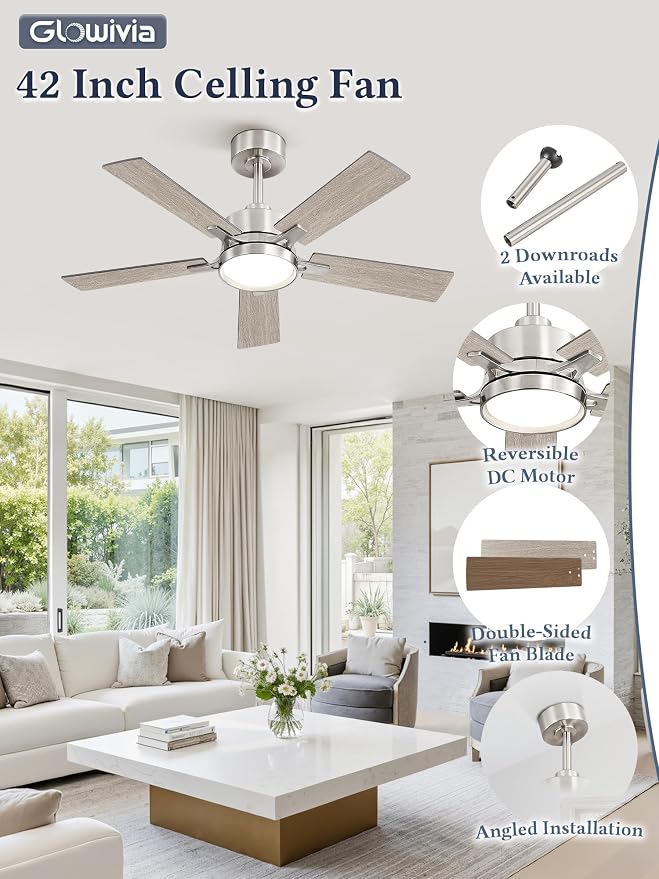 42 Inch Ceiling Fan with Lights and Remote, Smart APP Control, Dimmable with All-Setting Memory, Quiet DC Motor Reversible Blades, Damp Rated Modern Ceiling Fan for Bedroom Patio Living Room