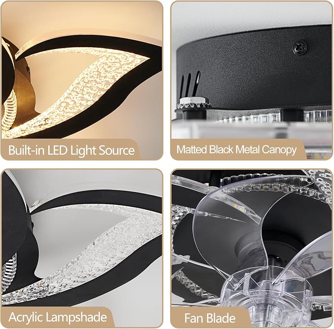 27" Black Geometric Ceiling Fan Lights with Remote, 6 Speeds Adjustable Low Profile Flush Mount Ceiling Fan with Light for Kitchen Bedroom