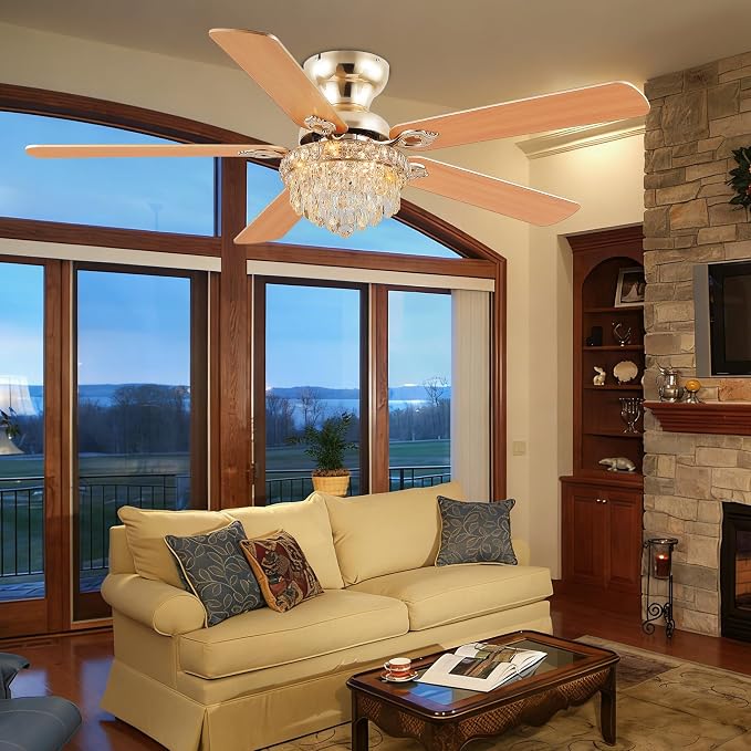 GJeg Crystal Ceiling Fan Fandelier with Lights-Ceiling Fans with Remote Control,Modern Ceiling Fan with Noiseless DC Reversible Motor,Dining Room,Living Room(52" Gold)