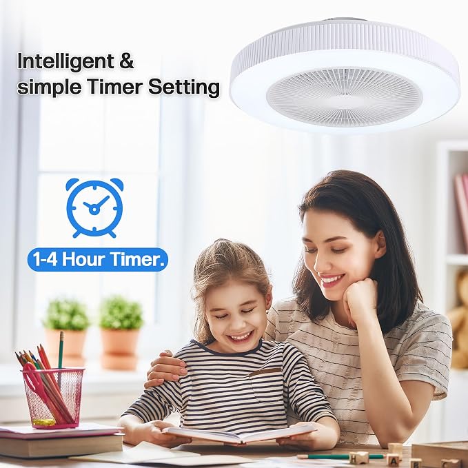 20" Bladeless Ceiling Fans with Light Remote Control,LED Smart Flush Mount Ceiling Fan With light for Bedroom, Kids Room, Reversible Motor, 6 Wind Speed, 3000LM, 57W-White/Black (White)