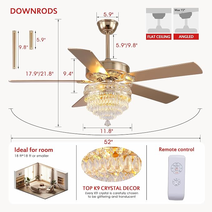 GJeg Crystal Ceiling Fan Fandelier with Lights - Retro Outdoor Fans with Remote Control, Farmhouse Ceiling Fan with Noiseless AC Reversible Motor,Dining Room,Living Room(52" Gold)