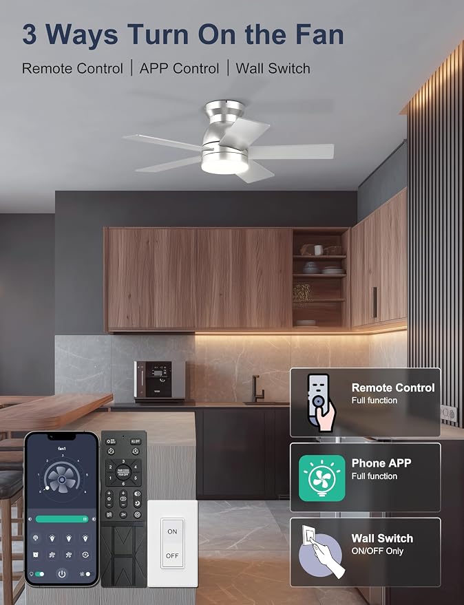 32'' Silver Low Profile Ceiling Fan with Light for Hallway, Closet | Quiet DC Motor, Flush Mount, 3CCT Dimmable, Modern Small Room Ceiling Fan with App/Remote Control