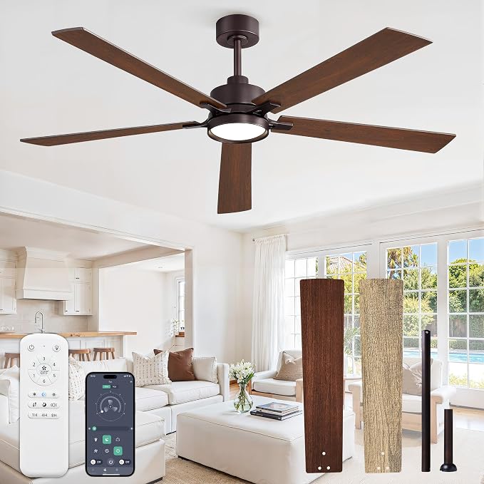 60 Inch Ceiling Fan with Lights and Remote, Smart APP Control, Dimmable with All-Setting Memory, Quiet DC Motor Reversible Blades, Damp Rated Modern Ceiling Fan for Bedroom Patio Living Room