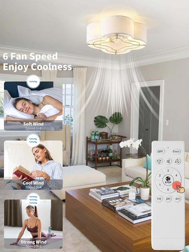 Boho Ceiling Fans with Lights, 20" Low Profile Ceiling Fan with Light Remote Control, Bladeless Flush Mount with 6 Speeds for Bedroom, Nursery, Living Room.