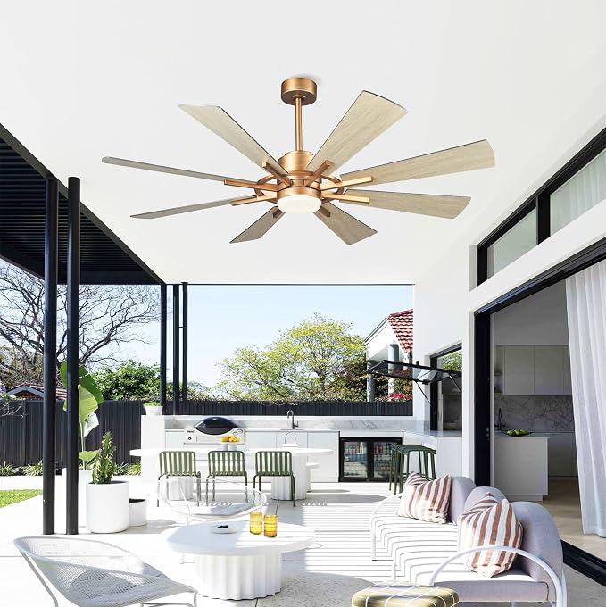 60 inch Gold Ceiling Fans with Lights and Remote, Indoor & Outdoor Large Industrial Ceiling Fan for Gazebo Living Room Garage, High Modern Big Ceiling Fan Quiet DC Motor, 3 CCT, Timer, 6 Speed