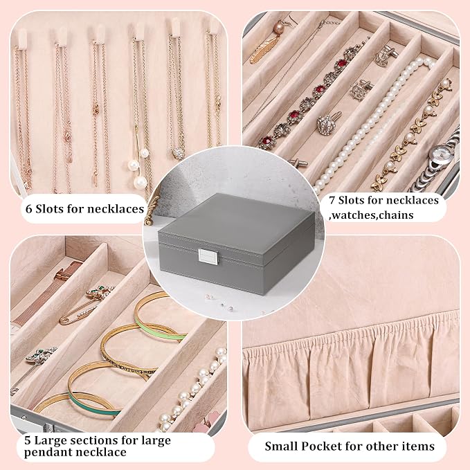 BEWISHOME Jewelry Box Organizer, 2-Layer Necklace Organizer Box, Modern Style Necklace And Bracelet Storage Case, Necklace Case for Women, Girls Mothers Day (Grey SSH31H)