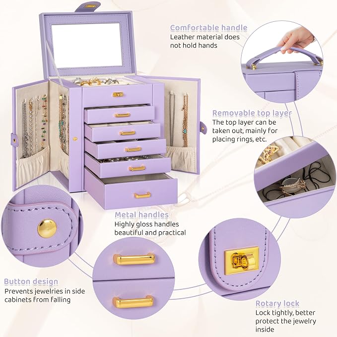 AKOZLIN 6-Tier Jewelry Box Organizer Functional 5 Drawers Leather Jewelry Storage Case for Women Girls Ring Necklace Earring Bracelet Holder Organizer with Mirror Purple Regular