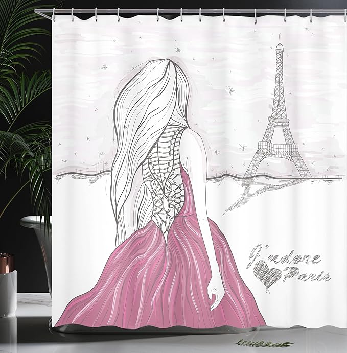 Ambesonne Paris Shower Curtain, Romantic Dramatical Woman Looks at Eiffel Tower Love Theme Sketch Style Illustration, Cloth Fabric Bathroom Decor Set with Hooks, 69" W x 75" L, White Pink