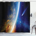 Ambesonne Outer Space Shower Curtain, Comet Approaches Planet Earth Nebula and Stars in Space Picture, Cloth Fabric Bathroom Decor Set with Hooks, 69" W x 70" L, Navy Blue Marigold White