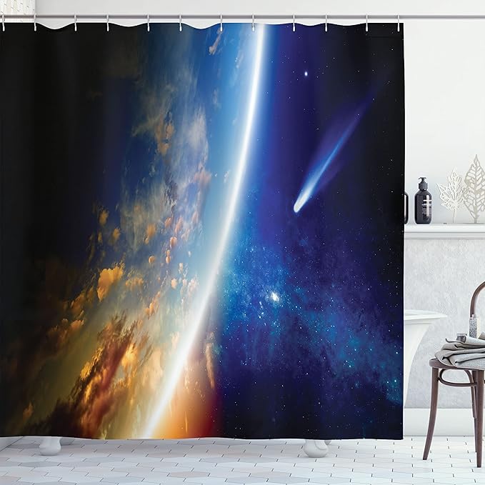Ambesonne Outer Space Shower Curtain, Comet Approaches Planet Earth Nebula and Stars in Space Picture, Cloth Fabric Bathroom Decor Set with Hooks, 69" W x 70" L, Navy Blue Marigold White