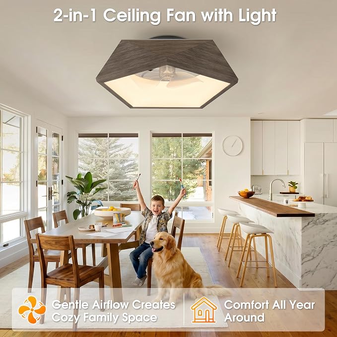 RGB Ceiling Fans with Lights and Remote, 22in Low Profile Ceiling Fans with Lights Flush Mount, 3000K-6500K Dimmable Fandelier LED Fan Light, Walnut Wood Bladeless Ceiling Fans for Bedroom