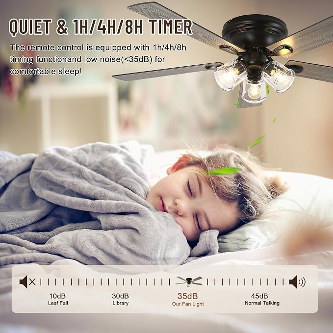 52" Flush Mount Ceiling Fan with Lights and Remote Control | Farmhouse Ceiling Fan with Light,Reversible Quiet DC Motor,5 Wood Blades,3 Clear Glass Lights for Bedroom Living Room Kitchen