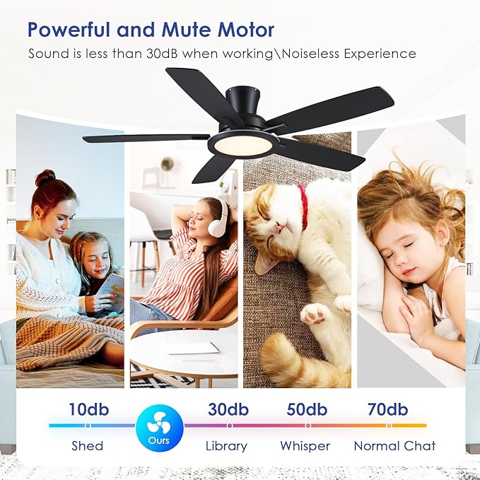 BYKISTOK Flush Mount Ceiling Fan with RGB Light - 52In Black Ceiling Fan Light with Reversible Mute Motor, LED 3CCT Dimmable, Low Profile Modern Ceiling Fans for Indoor, Party, Covered Outdoor