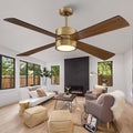 52 Inch Gold Ceiling Fan with Lights and Remote, Modern Ceiling Fan with APP Control, Reversible DC Motor, Dimmable, White & Walnut Blades for Bedroom, Living Room, Dining Room