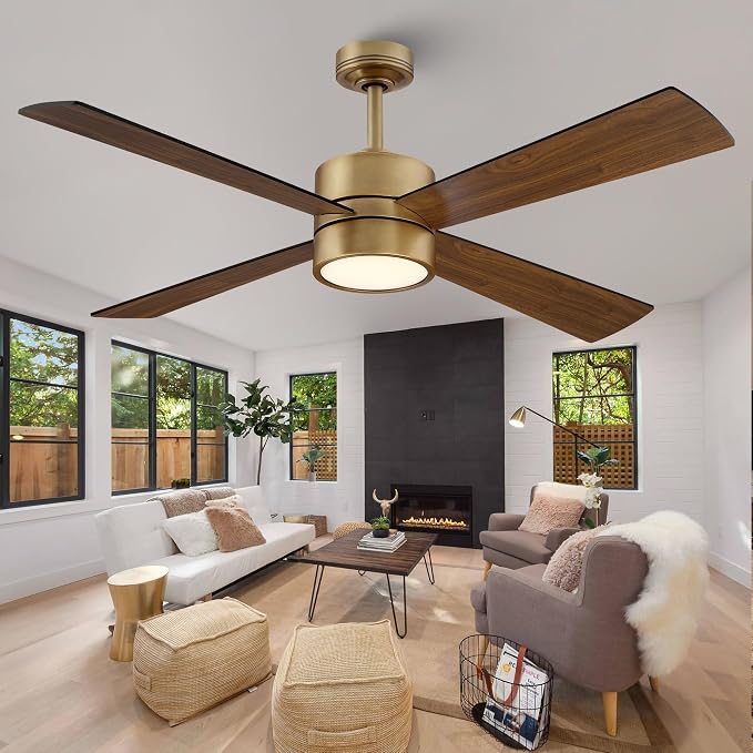 52 Inch Gold Ceiling Fan with Lights and Remote, Modern Ceiling Fan with APP Control, Reversible DC Motor, Dimmable, White & Walnut Blades for Bedroom, Living Room, Dining Room