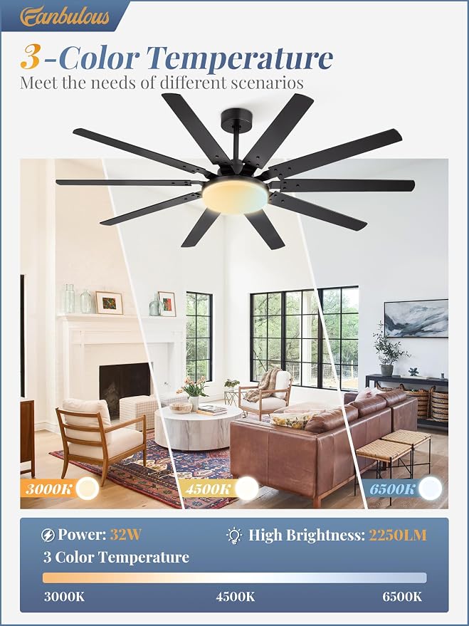 Fanbulous 65 inch Large Ceiling Fans with Lights and Remote, Outdoor Black Ceiling Fan with 10 Blades, 32W LED light 3 CCT, 6 Speed Reversible Quiet DC Motor, Modern Ceiling Fan for Living Room Patio