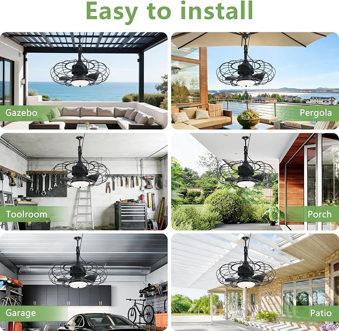 AHAWILL 20" Black Outdoor Ceiling Fan with Light and Remote/APP,3CCT 6 Speed Gazebo Fan Outdoor Hanging Hook,IP65 Waterproof Plug in Ceiling Fan for Patios, Garage, Porch, Pergola,Canopy