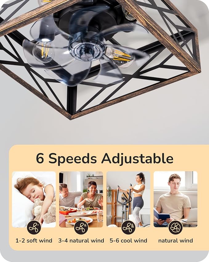 EDISHINE Caged Ceiling Fans with Lights Flush Mount, Rustic Square Low Profile Enclosed Fan Ceiling with Remote, 2/4 H Timer, Reversible 6 Speed, Farmhouse Small Fan for Bedroom, Kitchen, Dining Room