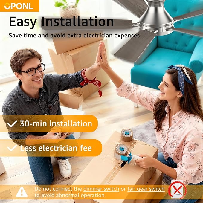 OPONL Ceiling Fan with Light, 52 inch Low Profile Ceiling fan with Light and Remote Control, Reversible, 6CCT, Dimmable, Noiseless, Nickel Ceiling Fan for Bedroom, Indoor/Outdoor Use, Modern