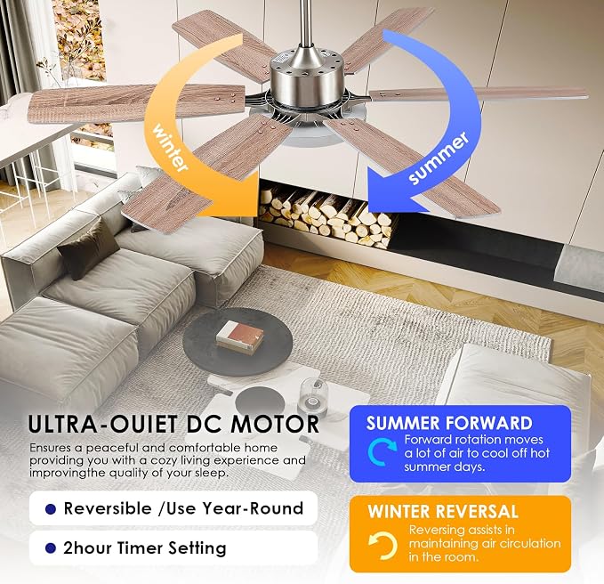 Hounberi 52 Inch Brushed Nickel Ceiling Fan with Light and Remote Control, Reversible DC Motor, Noiseless, Dimmable, 3CCT, 6 Speeds, Modern Ceiling Fan for Living Room, Bedroom, Indoor/Outdoor Use