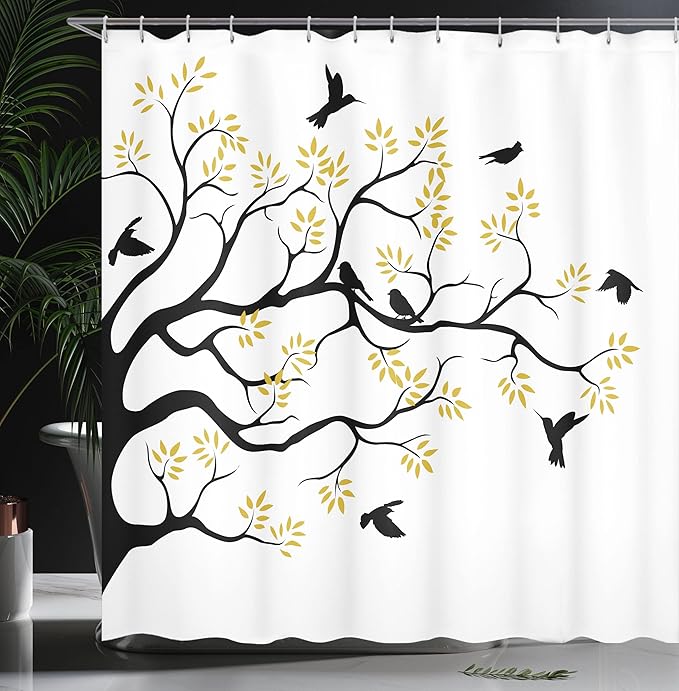 Ambesonne Birds Shower Curtain, Flying and Sitting Birds on The Tree Branch Flowers Weed Nature Peace Theme, Cloth Fabric Bathroom Decor Set with Hooks, 69" W x 70" L, White Yellow