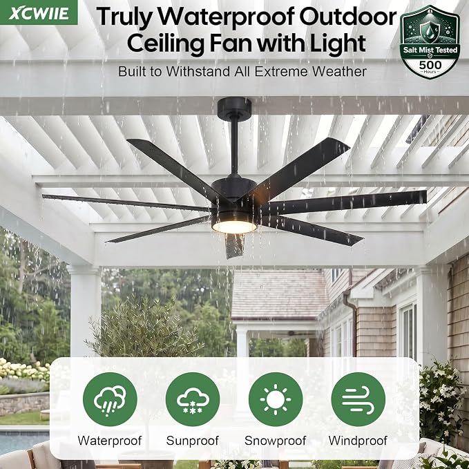 All Weather Wet-Rated Outdoor Ceiling Fan with Lights Waterproof for Patio, 56 Inch High CFM Black Outdoor Fan with UV Coating 7 Blades for Large Exterior indoor Gazebo Terraces, Porch, Commercial