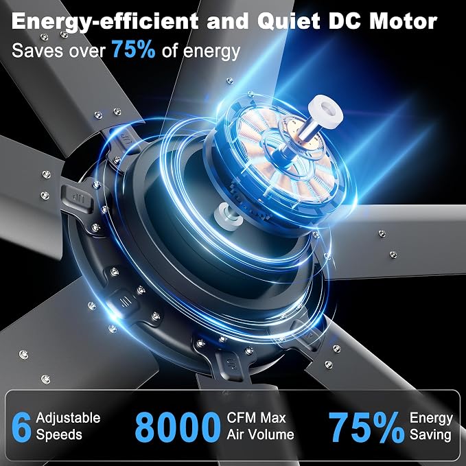 Ohniyou 72'' Industrial Ceiling Fan No Light for Patio, Garage, Black | 8000 CFM Airflow, 35dB DC Motor, 7 Aluminum Blades, Remote/APP Control, Covered Outdoor Metal Fan