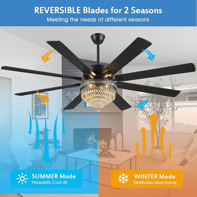 GJeg Crystal Ceiling Fan Fandelier with Lights - Outdoor Ceiling Fans with Remote Control, Farmhouse Ceiling Fan with Noiseless DC Reversible Motor,Dining Room,Living Room(72" Black)