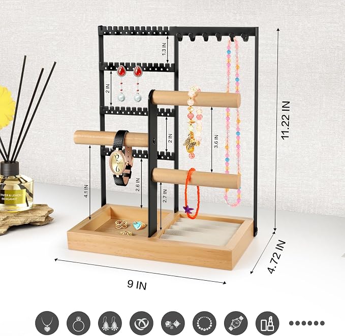 Godboat Jewelry Stand - 48 Holes Earring Holder, 4-Tier Necklace Organizer | 6 Hooks Jewelry Organizers and Storage, Bracelet Ring Rack with Wood Box, Preppy Gift Room Decor for Teen Girls Women, Black