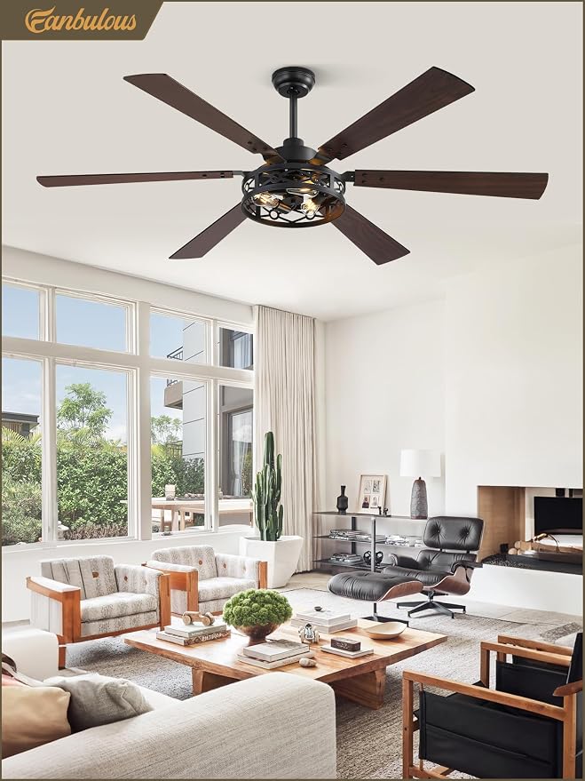 Fanbulous 65 Inch Ceiling Fan with Lights, Farmhouse Caged Ceiling Fans with Remote, Black Industrial Ceiling Fans with Quiet Reversible DC Motor, Large Ceiling Fan for Living room, Bedroom