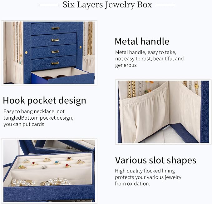 AKOZLIN 6-Tier Jewelry Box Organizer Functional 5 Drawers Leather Jewelry Storage Case for Women Girls Ring Necklace Earring Bracelet Holder Organizer with Mirror Blue Large
