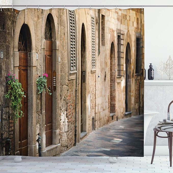 Ambesonne Landscape Shower Curtain, Street Wine Old House in Italy Tuscany Street Floral Details Blurred Background, Cloth Fabric Bathroom Decor Set with Hooks, 69" W x 70" L, Pale Brown
