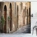 Ambesonne Landscape Shower Curtain, Street Wine Old House in Italy Tuscany Street Floral Details Blurred Background, Cloth Fabric Bathroom Decor Set with Hooks, 69" W x 70" L, Pale Brown