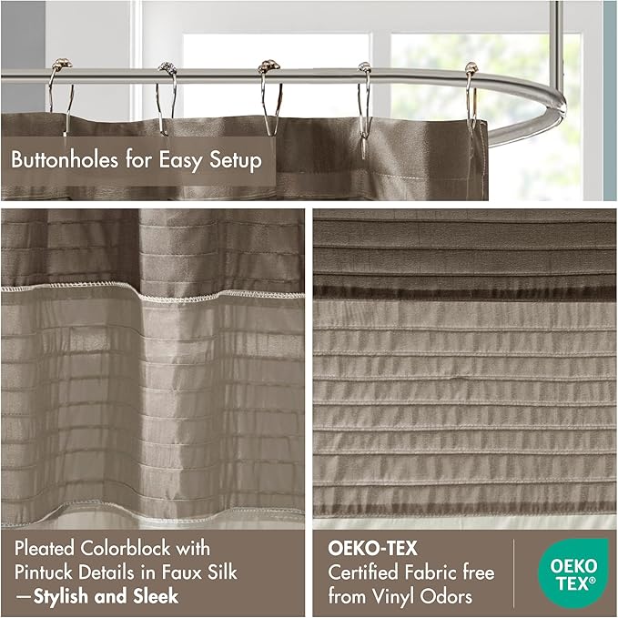 Madison Park Amherst Bathroom Shower Curtain Faux Silk Pieced Striped Modern Microfiber Bath Curtains, 72x84 Inches, Natural
