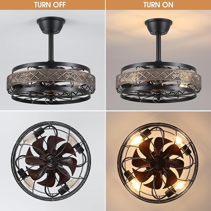 SHIHOT 18" Small Black Industrial Caged Ceiling Fans with Lights and Remote | Safe Caged-Design,Supports Both Remote Control and APP,6 Wind Speeds, Reversible, Quiet DC Motor,Suits for Bedroom Kidsroom