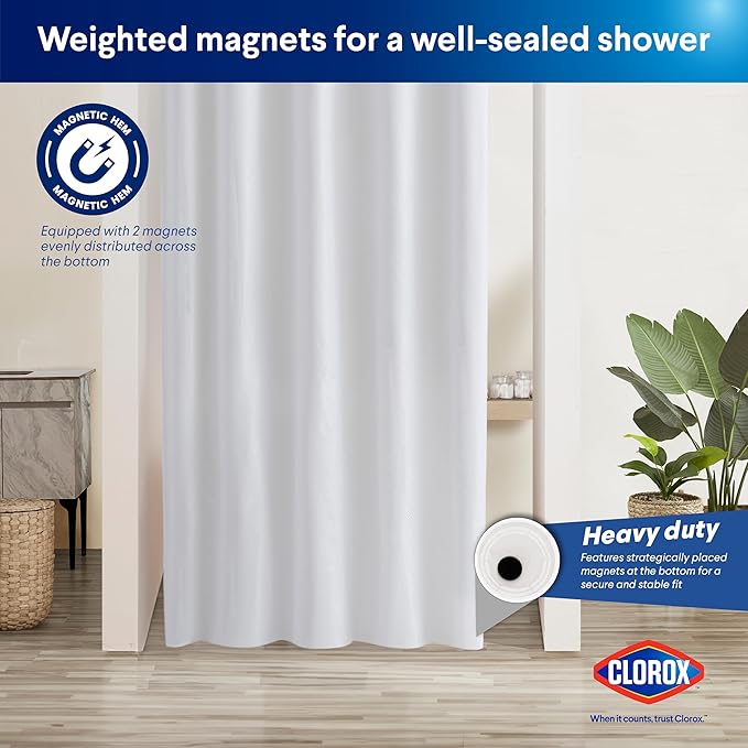 Clorox 2-in-1 Bathroom Shower Curtain Liner, Durable Fabric, Weighted Magnets for Bath Water Control, Washable Premium Quality, Extra Long Stall 78" x 54" White