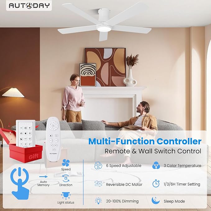 52 Inch Low Profile Ceiling Fan with Light, White Ceiling Fans with Lights and Remote, Flush Mount, 6 Speeds Reversible Quiet DC, 3CCT Dimmable, Indoor Outdoor Ceiling Fans for Patios Bedroom