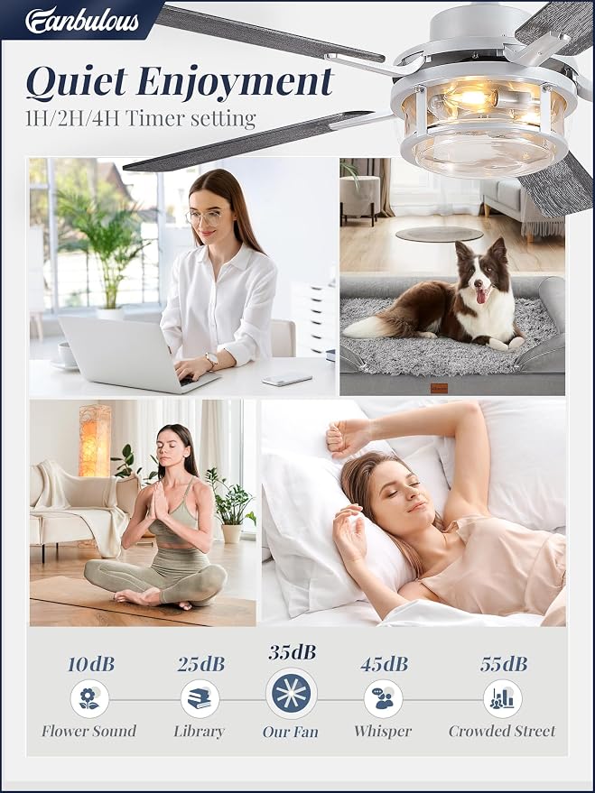 Fanbulous 52 Inch Ceiling Fan with Light and Remote,Downrod Mount Farmhouse Ceiling Fan for Bedroom, Quiet 6-Speed Reversible DC Motor, Rustic White & Wood Finish Blades