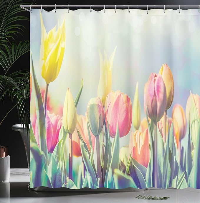 Ambesonne Pastel Shower Curtain, Tulips Flower Bed in Park Serene Landscape Happiness Fresh Spring Environment Image, Cloth Fabric Bathroom Decor Set with Hooks, 69" W x 75" L, Multicolor