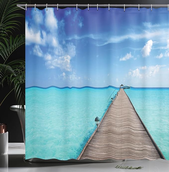 Ambesonne Tropical Shower Curtain, Wooden Jetty Over Clear Maldivian Sea Tropical Beach Vacation Travel Image, Cloth Fabric Bathroom Decor Set with Hooks, 69" W x 75" L, Aqua Blue Umber